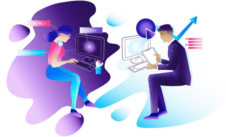 illustration corporate d'une développeuse et d'un directeur financier